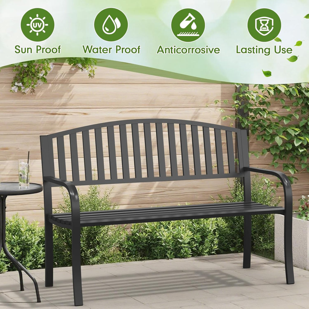 50" Outdoor Garden Bench, Iron Metal Frame Patio Bench with Backrest and Armrests, Weatherproof Anti-Rust Outdoor