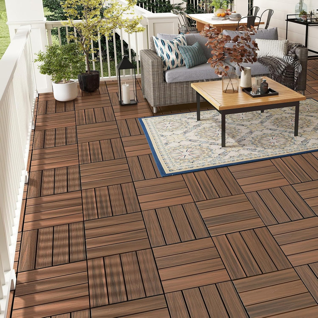 Interlocking Deck Tiles 9 PCS, 12" x 12" All-Weather Plastic-Wood Outdoor Patio Flooring Tiles for Indoor, Balcony