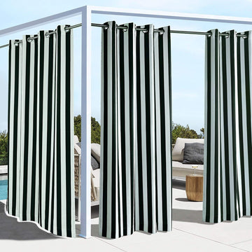 Decor Coastal Stripe Outdoor Curtain Panel - Black Grommet Top 50 x 96