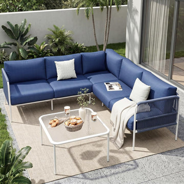 Patio Furniture Set, 6 Pieces Outdoor Sectional Sofa Set, L-Shaped Metal Patio Conversation Set with Side Table
