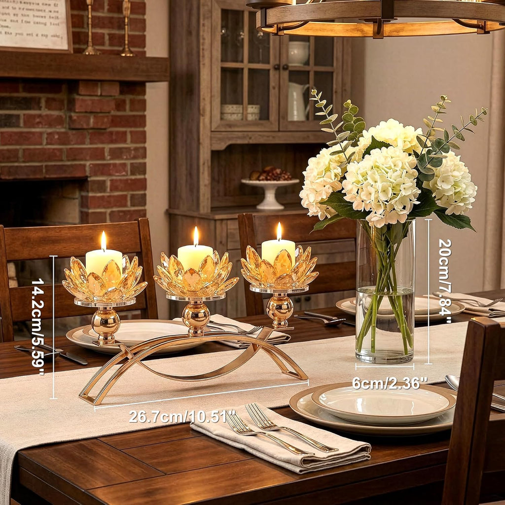 Crystal Candle Holder, 5.6" Tall Gold Centerpieces for Tables, 3-Arm Lotus Candelabra, Home Decor, Coffee Table and