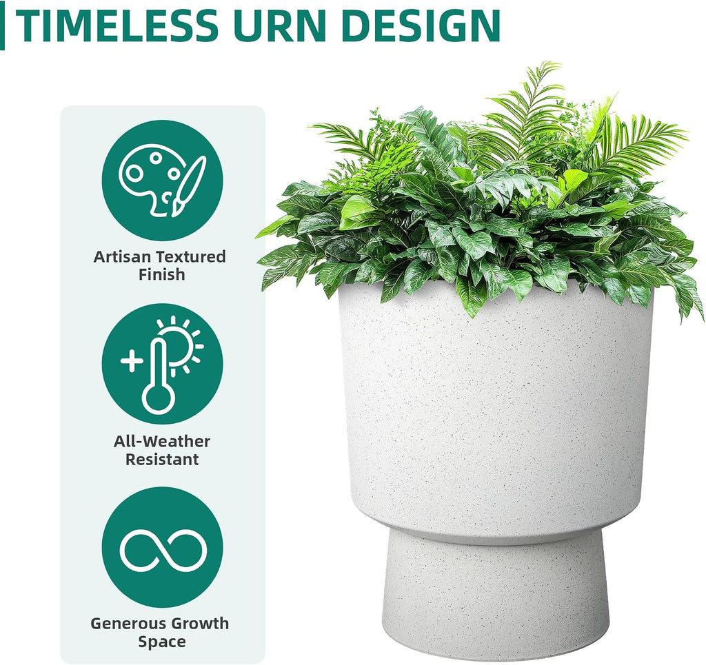 2-Pack 16.75" White Terrazzo Urn Planters with Detachable Bases | Set of 2 PP urn planters with white terrazzo