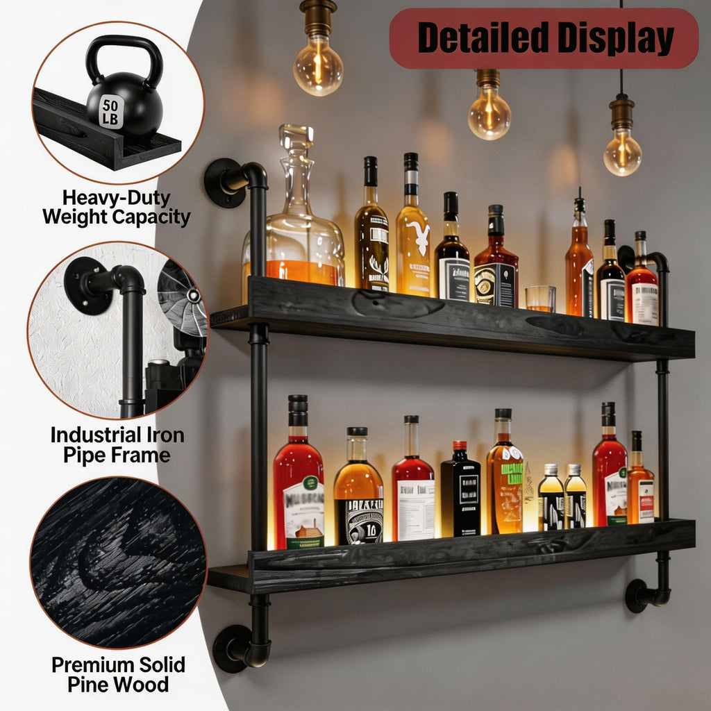 Wall Mounted Wine Rack with LED Light - 2-Tier Solid Wood Industrial Rustic Floating Shelves, Bottle Storage