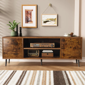 TV Stand for 65 Inch TV, Mid Century Modern TV Stand, Entertainment Center with Storage Cabinet and Open Shelves, TV