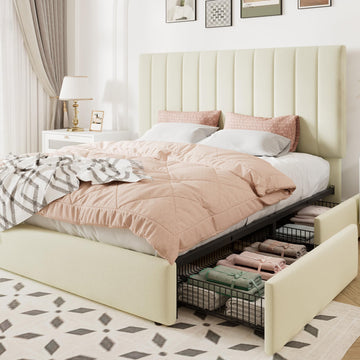 Full Size Storage Bed Frame, Vertical Channel Tufted Adjustable Headboard, Velvet Upholstered Platform Bed with 4