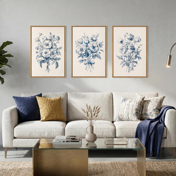 Navy Blue Floral Framed Canvas Wall Art Set,Vintage Botanical Flower Wall Decor,Modern Minimalist Bouquet Art