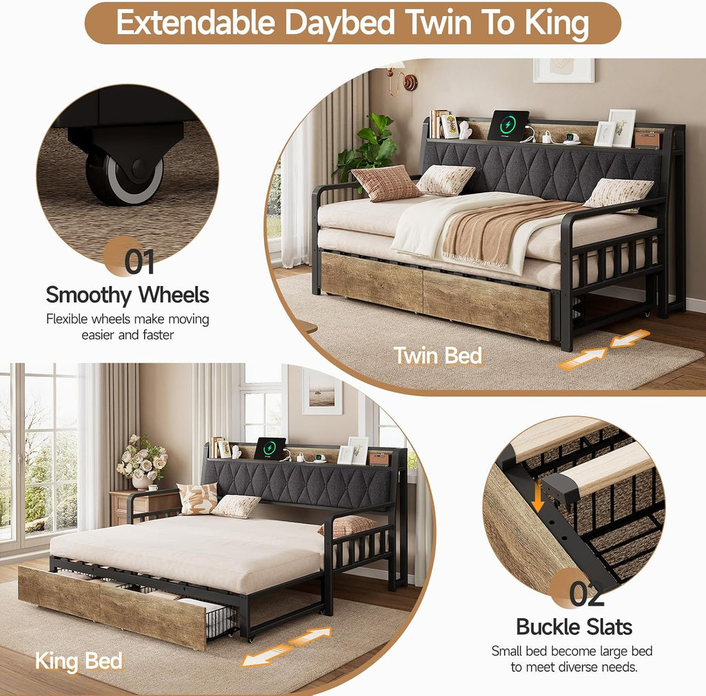 Twin to King Daybed, Convertible Sofa Bed with Trundle, Black | with Power Outlet, Padded Headboard, Storage Drawers