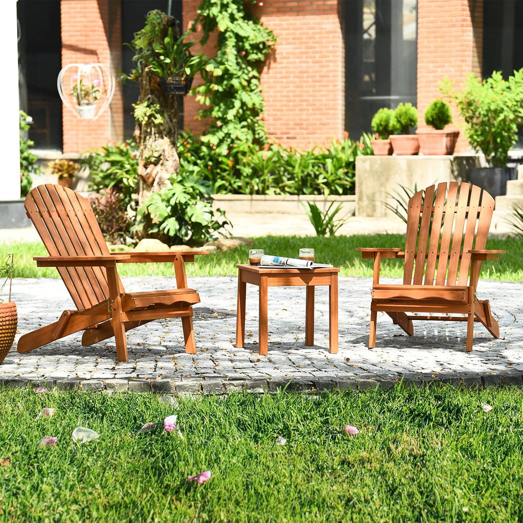 3 Pieces Adirondack Chair Set, Outdoor Wood Furniture Set with 2 Folding Lounge Chairs & Side Table, Widened Armrest