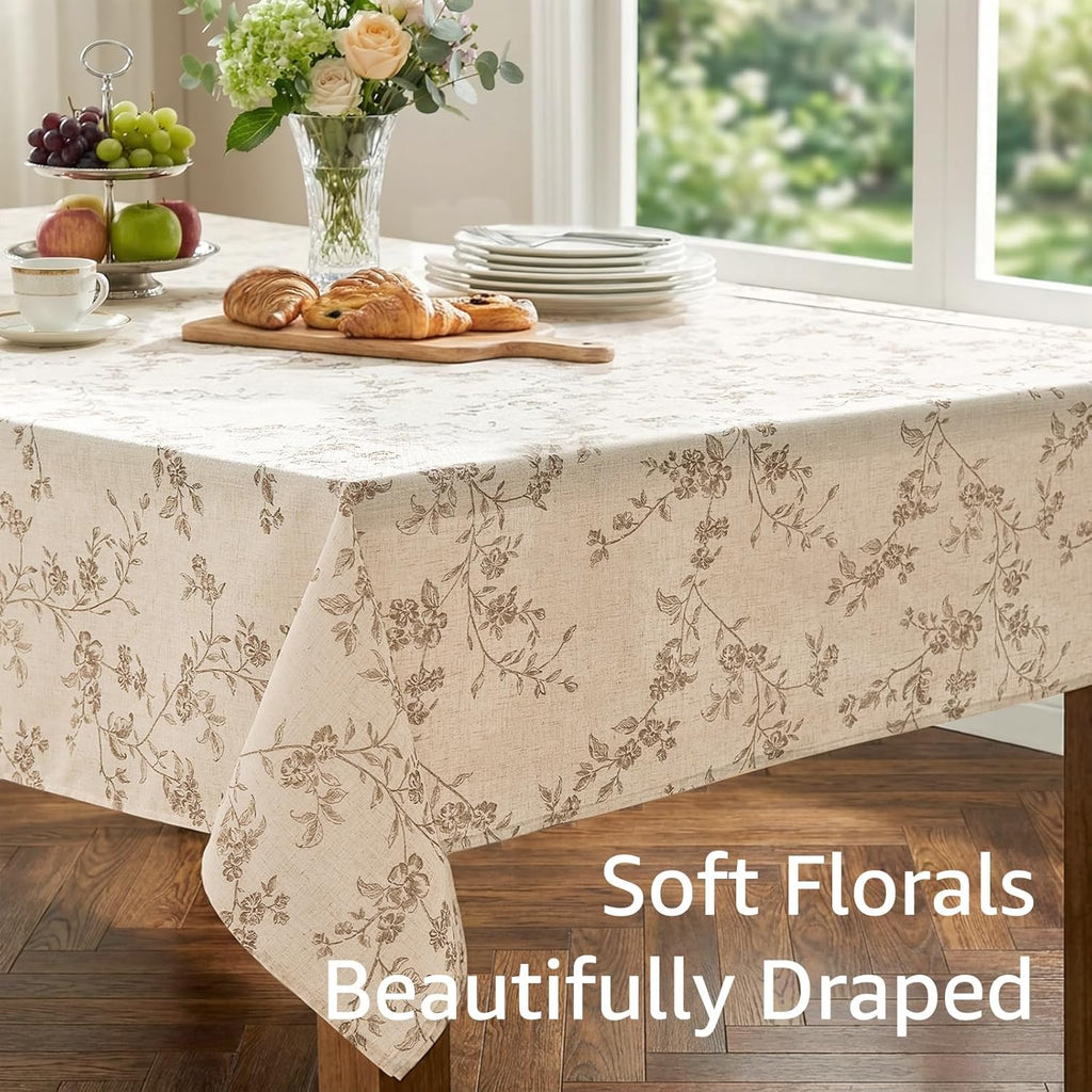 Rectangle Tablecloth - 52 x 70 Inch - Beige Linen Table Cloth - Farmhouse Floral Print Washable Tabl