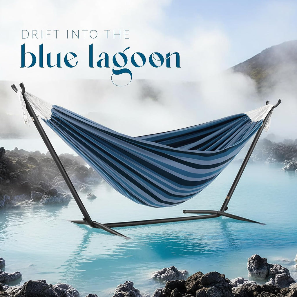 Double Cotton Hammock with Space Saving Steel Stand, Upgraded Polyester End Strings 450 lb Capacity - Premium Carry