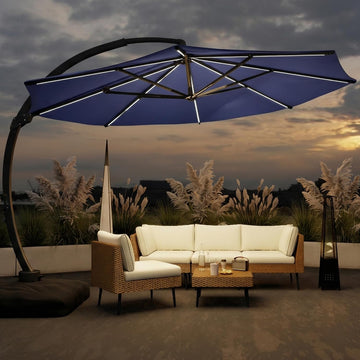 11FT Solar Powered LED Light Cantilever Patio Umbrella with Base Included, Large Cantilever Umbrella with 360°Rotation