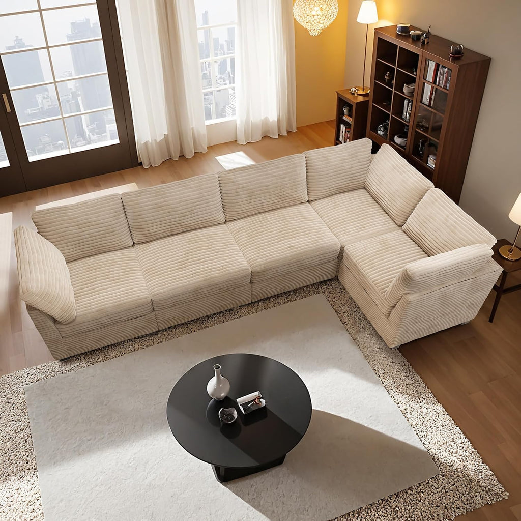 Modular Sectional Sofa,5 Pieces Sectional Couches ,98X98 L Shaped Cloud Couch Set Deep Seat(Beige Velvet Corduroy)