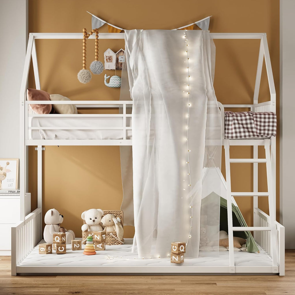 Bunk Bed Twin Over Full, House Bunk Bed Frame with Ladder and Guardrail