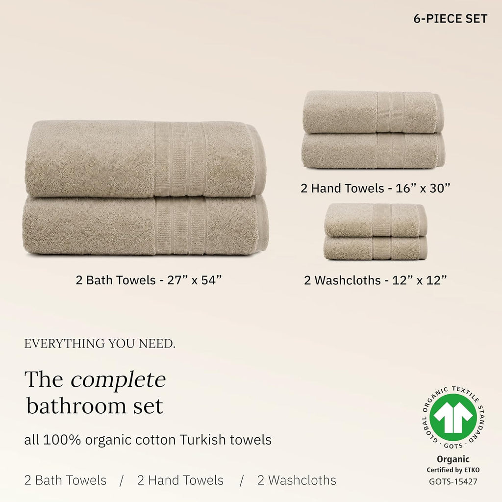 Organic Cotton Luxury Bath Towel Set, Light Beige | 100% Organic Turkish Cotton, 6-Pc Set: 2 Bath, 2 Hand Towels, 2