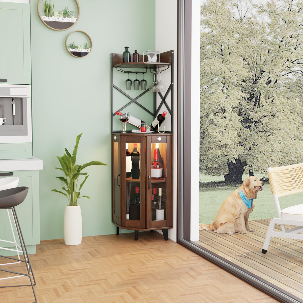 Walnut Corner Wine Cabinet, Lockable Glass Door with LED Light