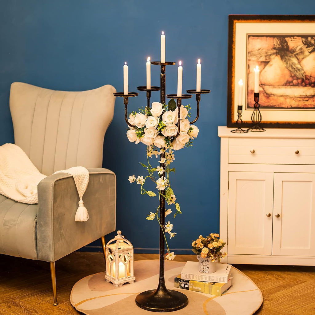 Black Floor Candelabra Centerpiece 5-arm 48inch Tall Candle Holders for Candlesitcks Taper Pillar Candles Metal