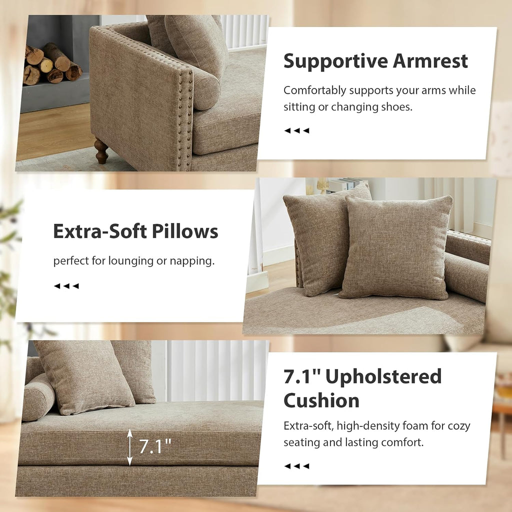 75.2" Oversized Chaise Lounge, Chenille End of Bed Bench with Tufted Arms, Sleeper Sofa Daybed with 4 Pillows