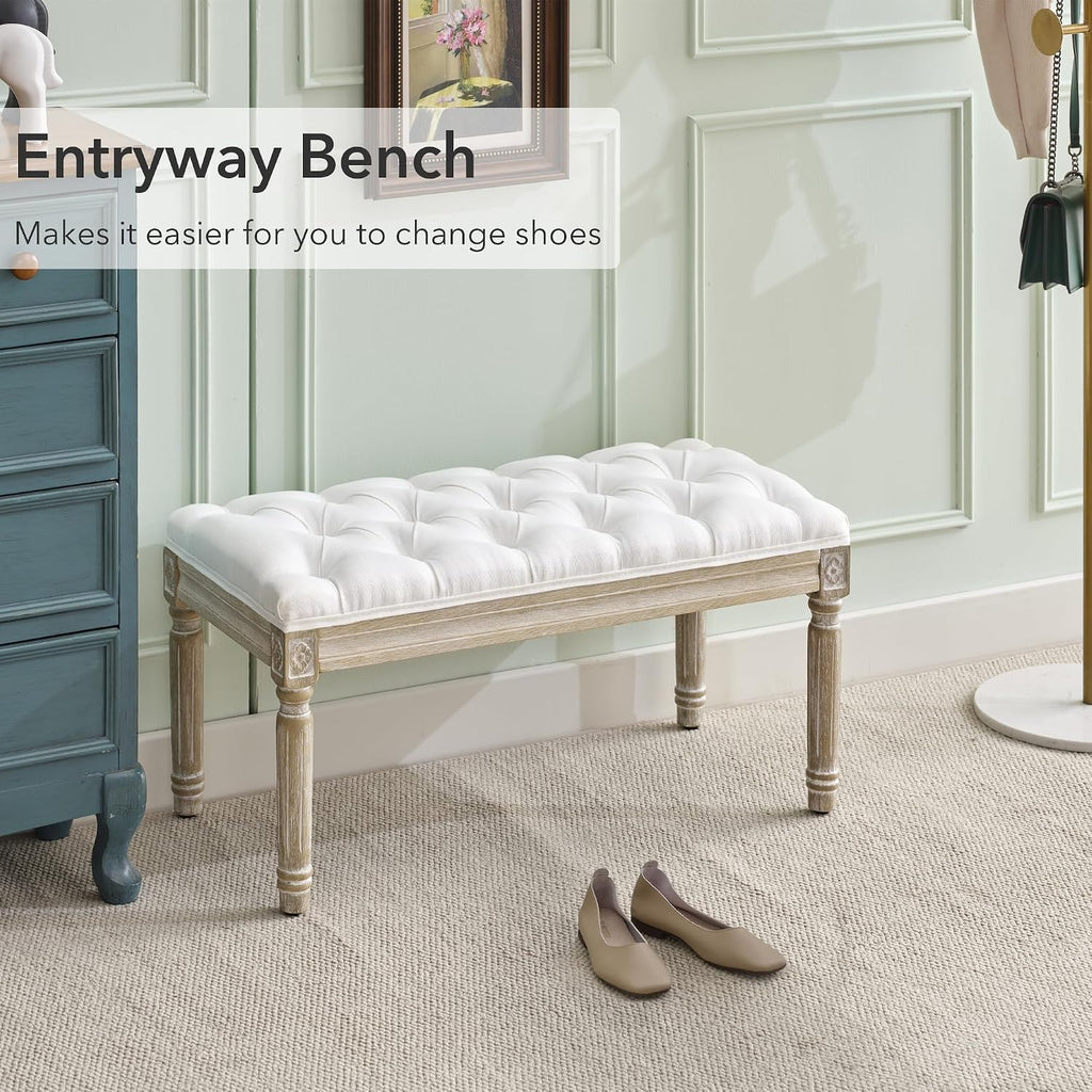 French Vintage Bench, Linen Fabric Entryway Bench, Upholstered Tufted End of Bed Bench with Brushed Wood Legs, White