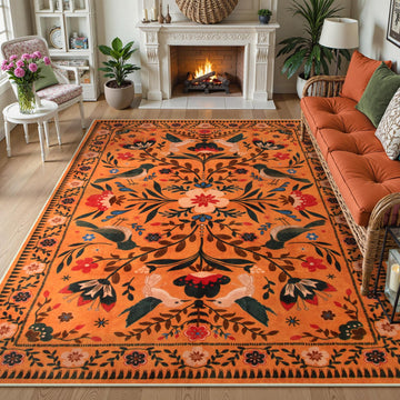 Washable Area Rugs Bedroom Dining Room, Bohemian Scandinavian Modern Country Aesthetic Floral Bird Medallion