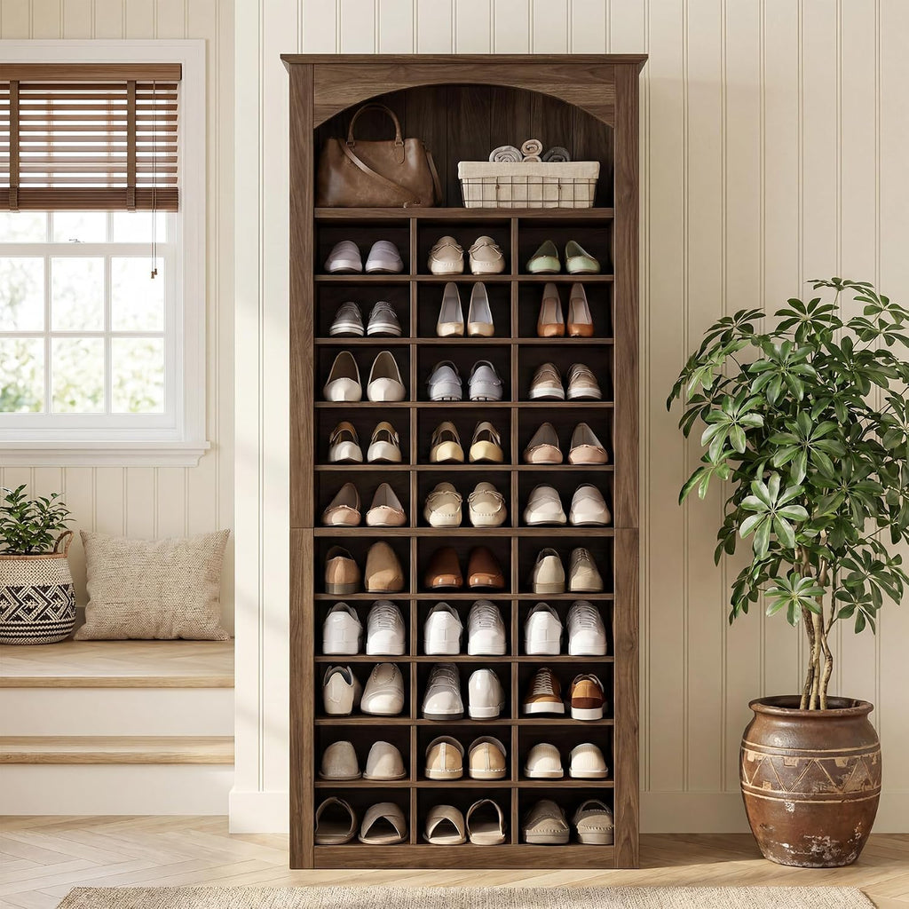 68.7" Tall Shoe Cabinet, 30-Cube Large Capacity Shoe Organizer with Arched Display Shelf, Rustic Entryway Storage for