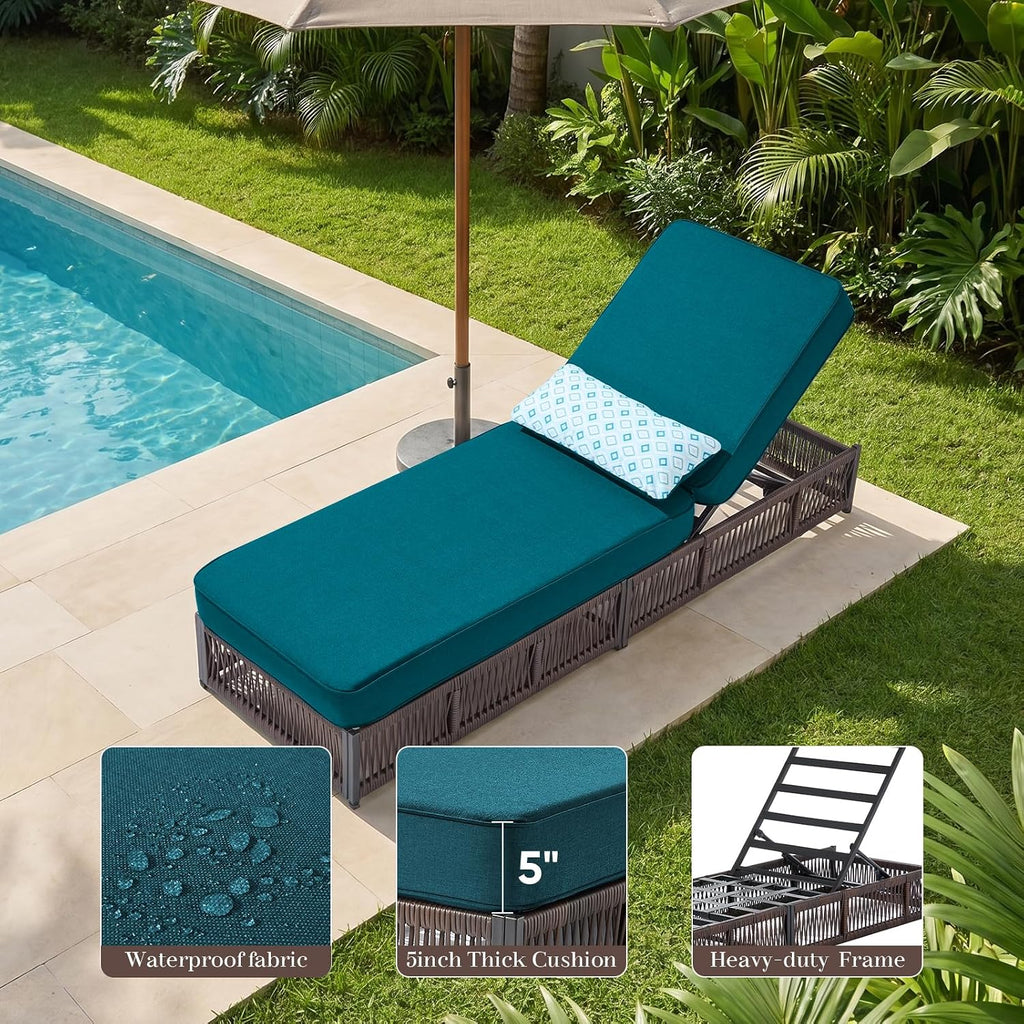 Outdoor Patio Chaise Lounge Chair Set, 2pc Lounge Chairs with Side Table,PE Rattan Patio Daybed with 5" Thick