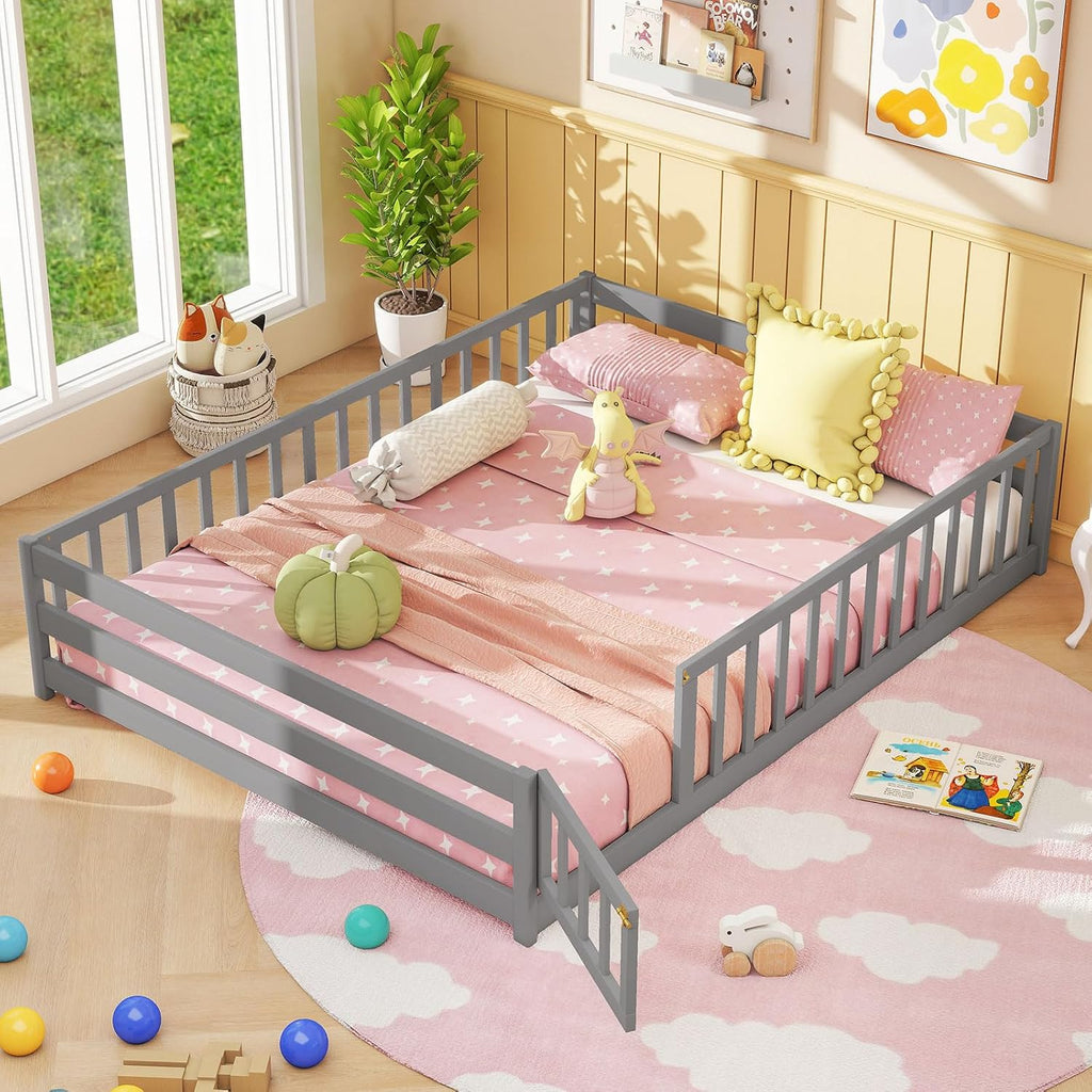 Full Floor Bed with Door & Fence, Kids Wood Montessori Beds with Safety Guardrails, Floor Bed Twin for Kids, Boys