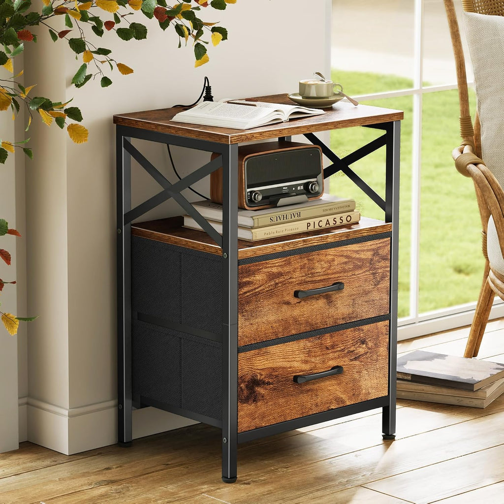 Nightstands Set of 2, Night Stand with Charger Station, 2 Drawer Side Table with Open Shelf, USB-C Port, End Table