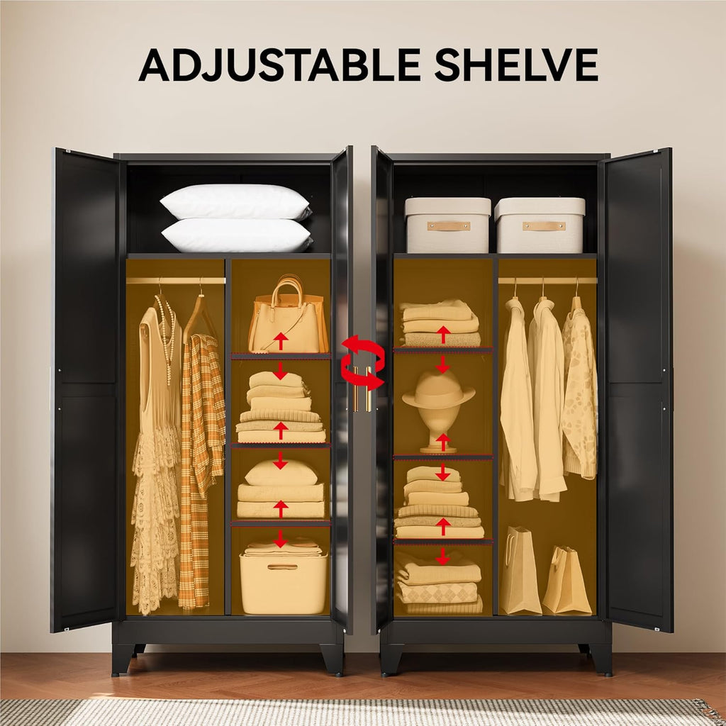 Black Metal Wardrobe Closet, Reversible 2-Section Design with Hanging Rod & Adjustable Shelves, 71" Freestanding