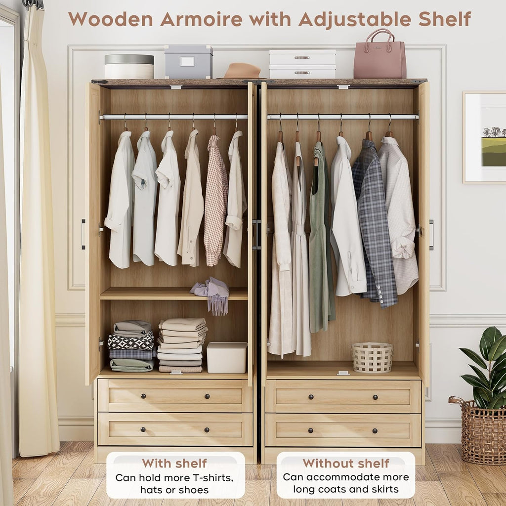 Wooden Armoire Wardrobe Closet with Drawers, Natural, Set of 2 | 4 Modern Doors, Freestanding, with 4 Drawers and