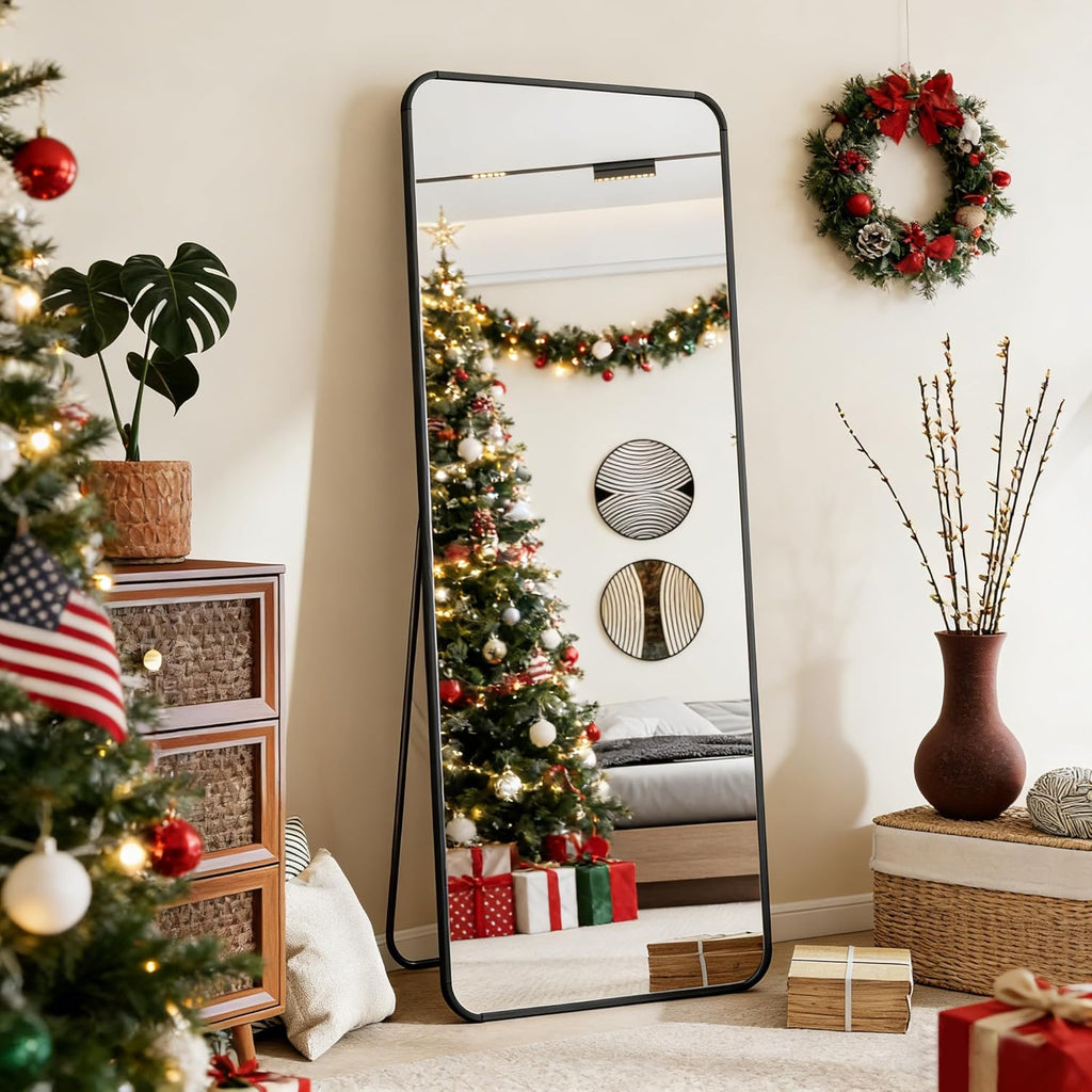 Black Full Length Mirror, 56"x21" Rounded Corner Floor Mirror Standing Hanging or Leaning Against Wall, Suitable or