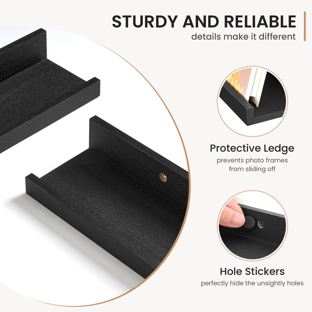 Picture Ledge Shelf for Wall, Black Floating Shelves, 24 inch Long Floating Shelves with Lip, Set of 2