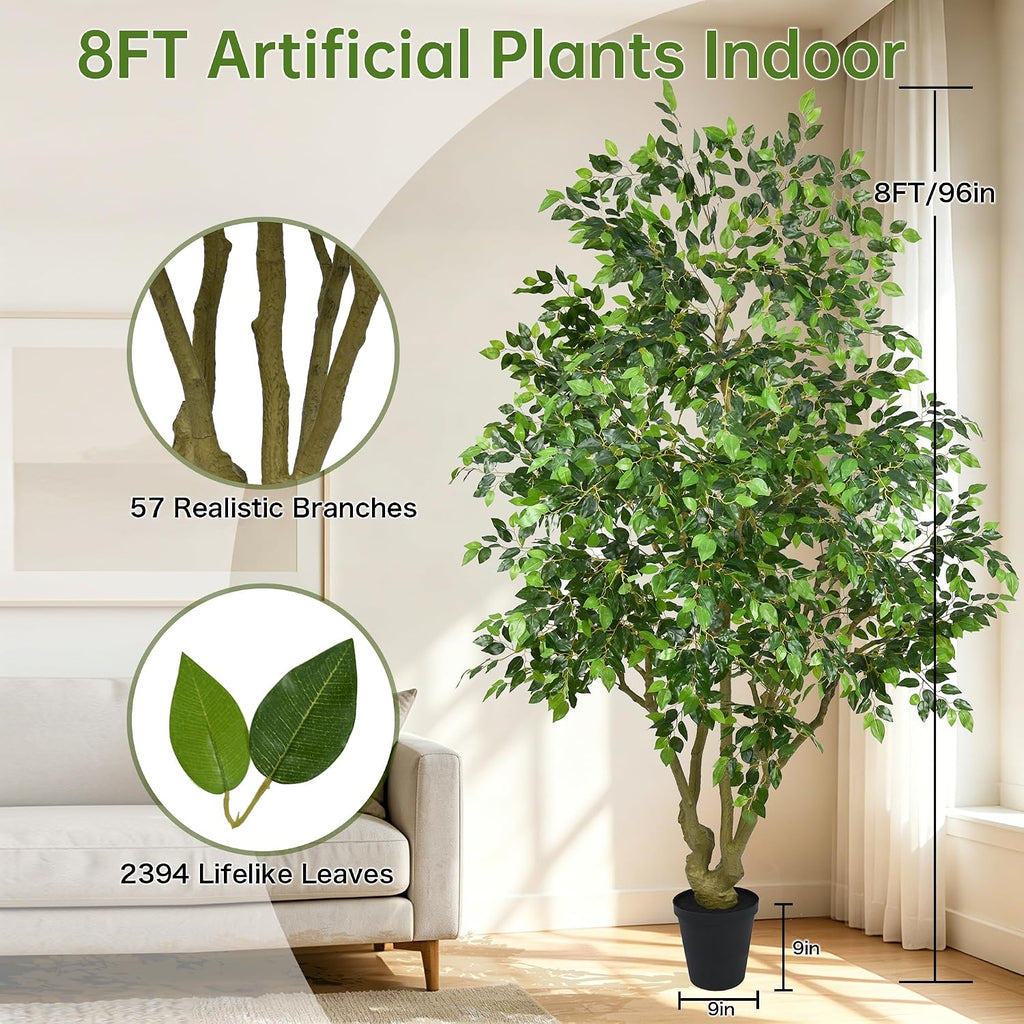 Ficus Tree 8FT - Tall Faux Plants Indoor with Pot, Realistic Fake Floor Plant with Natural Green Leaves Artificial