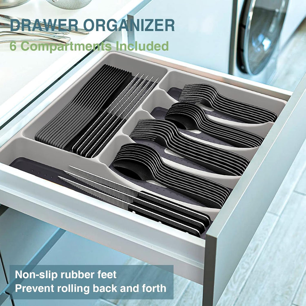 Black Silverware Set, 49-Piece Flatware Set with Drawer Organizer, Durable Stainless Steel Cutlery Set for 8