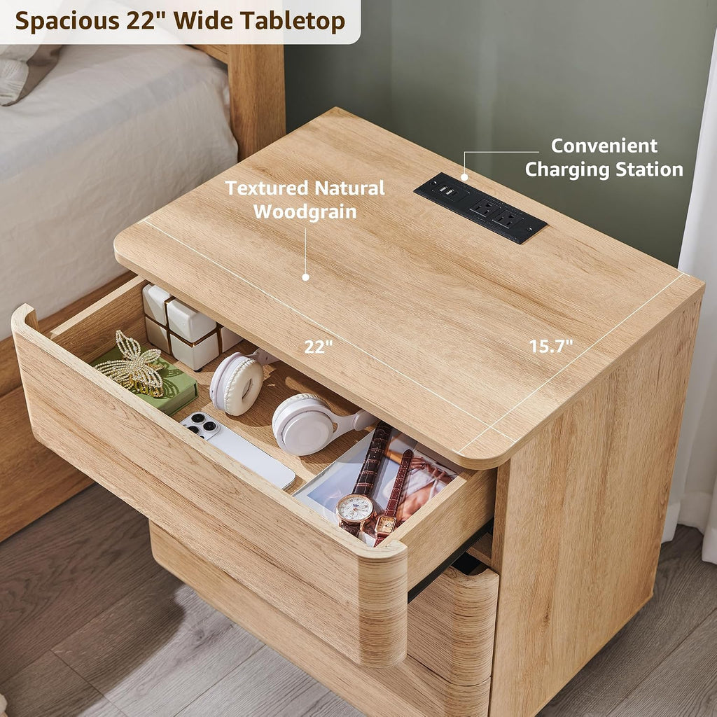 22" Modern Nightstand with Charging Station, Large Push-to-Open End Table, Wood Bedside Table w/Curved Profile