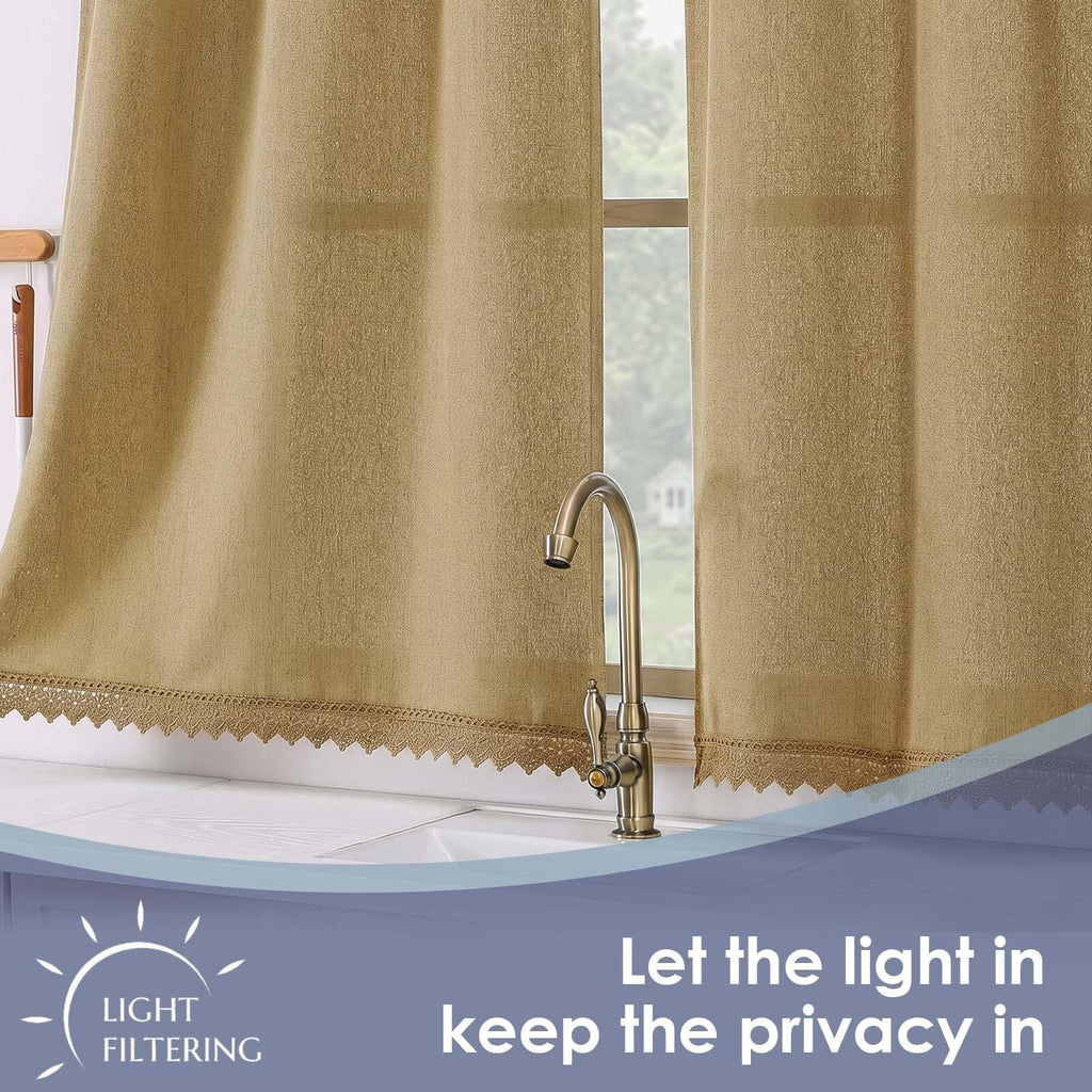 Lace Short Kitchen Curtains 36 Inch Length - Light Filtering Faux Linen Living Room Half Window Curtains, Farmhouse