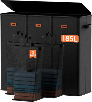 185L Laundry Hamper 3 Section, Laundry Hamper with Lid, Dirty Clothes Hamper with 3 Removable Washing Bags, Extra