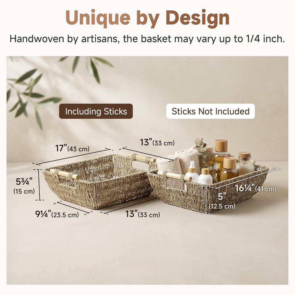 Hand-Woven Jumbo Storage Baskets with Wooden Handles, Seagrass Wicker Baskets for Organizing, 2-Pack