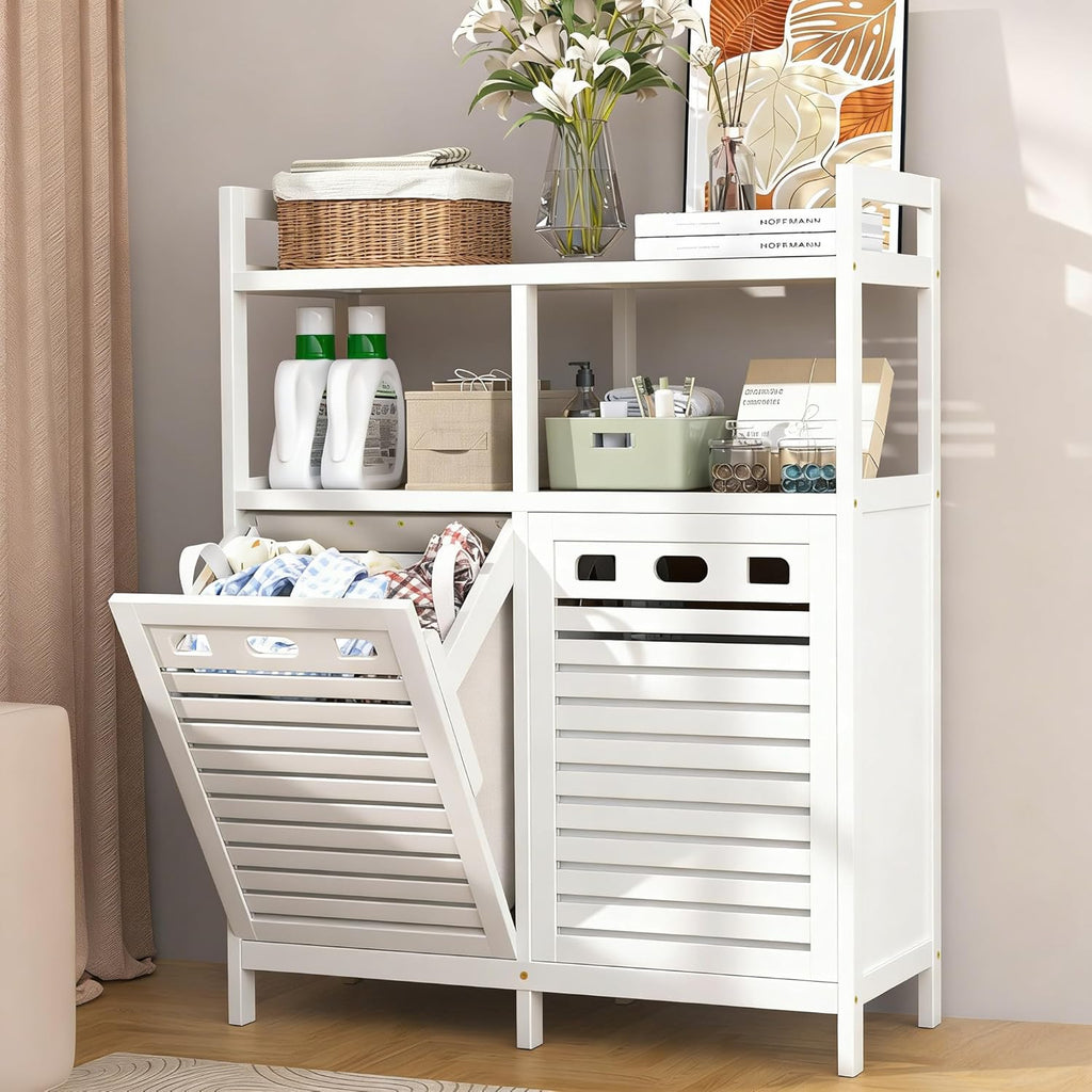 Tilt Out Laundry Hamper Cabinet, Bamboo Double Laundry Hamper with 2 Removable Laundry Baskets, 20 Gal Laundry Sorter