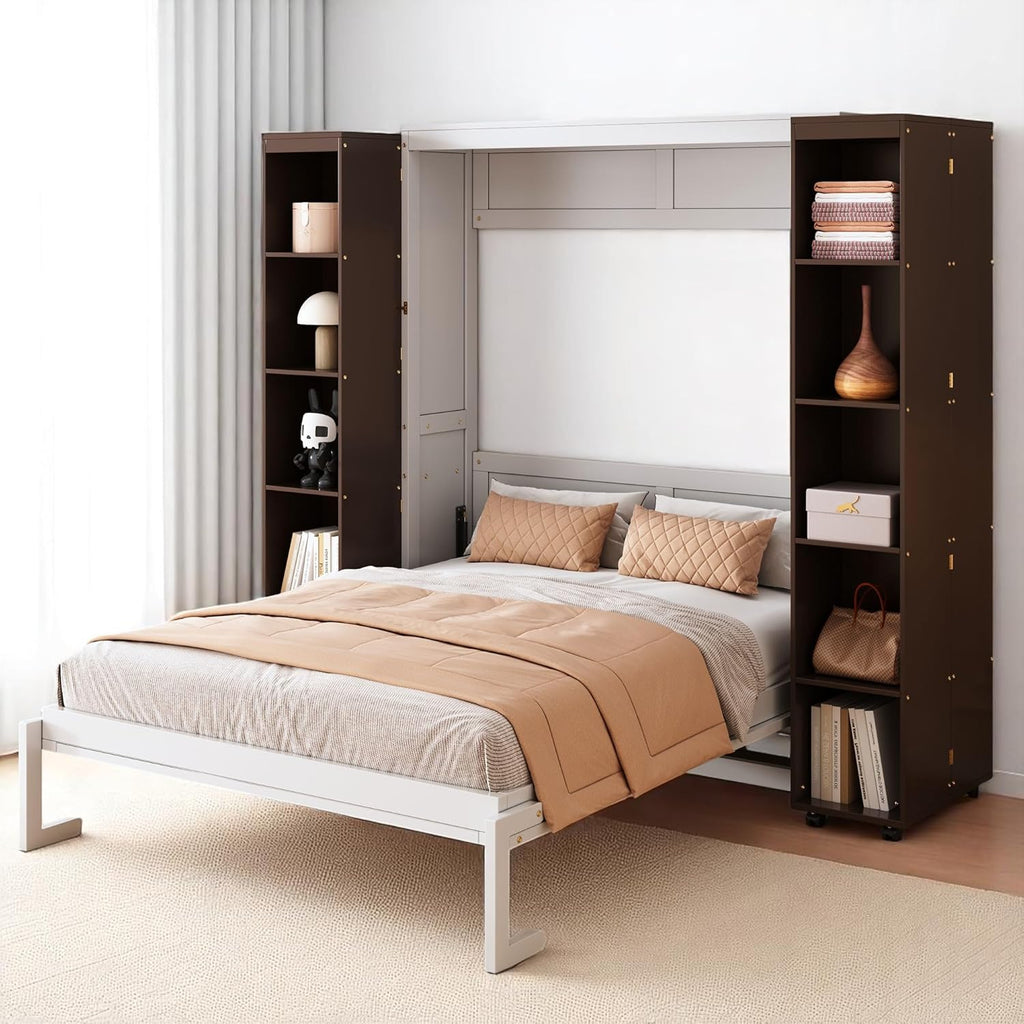 Folding Hidden Queen Murphy Bed Cabinet with Storage Bookcase Bookshelf, Wood Murphy Wall Bed with Storage Shelves