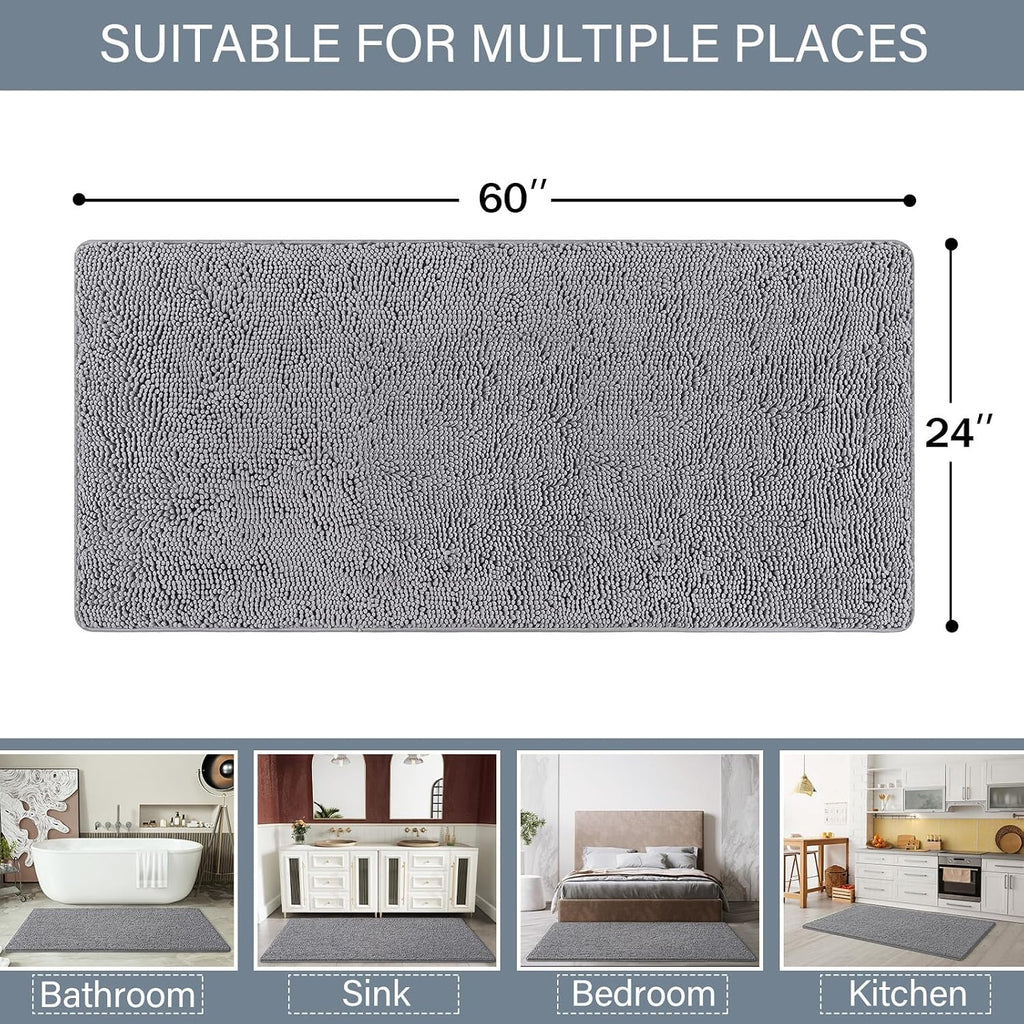 Luxury Bathroom Rug Shaggy Bath Mat 24 x 60 Inch, Gray | Washable Non Slip Bath Rugs Shower, Soft Plush Chenille