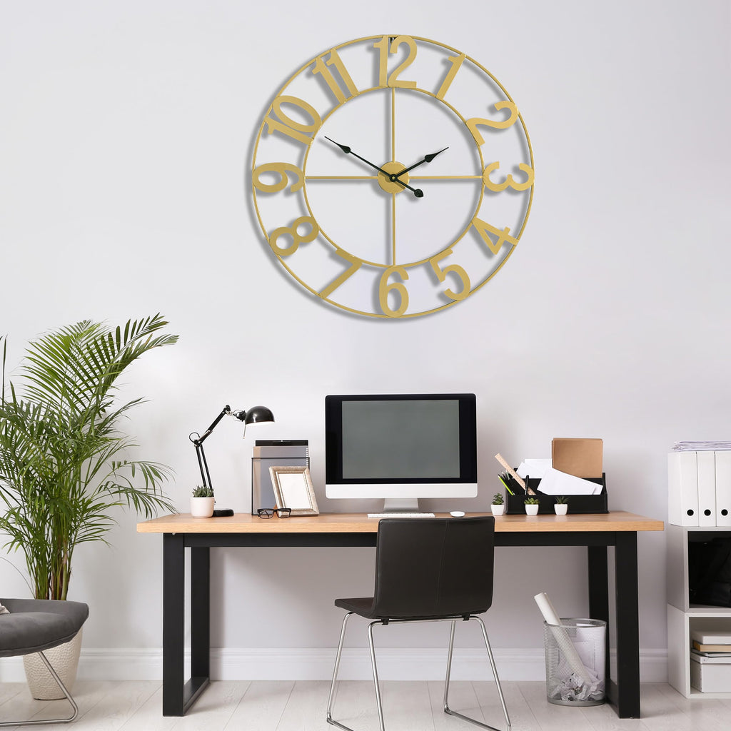 Large Wall Clock, Metal Frame, Battery Powered (32 Inch, Gold)