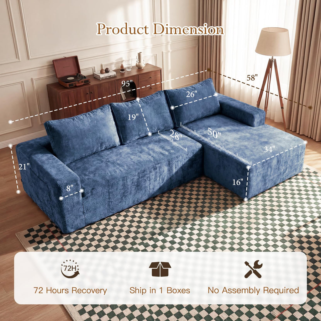 95" Boneless Couch, L-Shape Sectional with Right Chaise, Blue