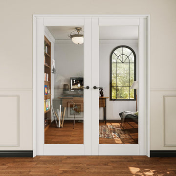 French Door 60" x 80" (Double 30" x 80") Clear Glass Door Slabs with Pre-Hung Jamb, Black Hinges, Levers and Latch