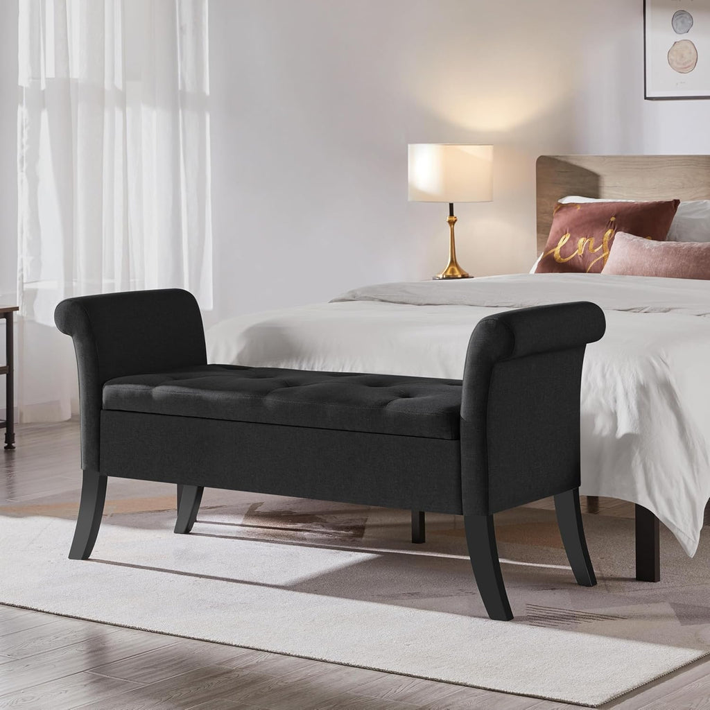 52in Black Storage Bench End of Bed with Rolled Arms | Button-Tufted Bench Seat with 1.9C Storage Space, Rolled Arms