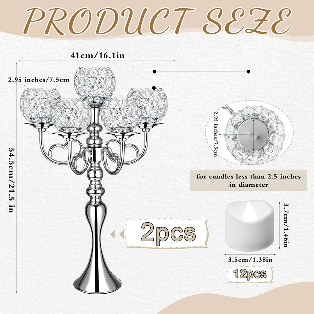2 Pcs Wedding 5 Arm Crystal Silver Candelabra Table Centerpieces with 12 LED Light 21.5'' Tall Candle Holder Bowl