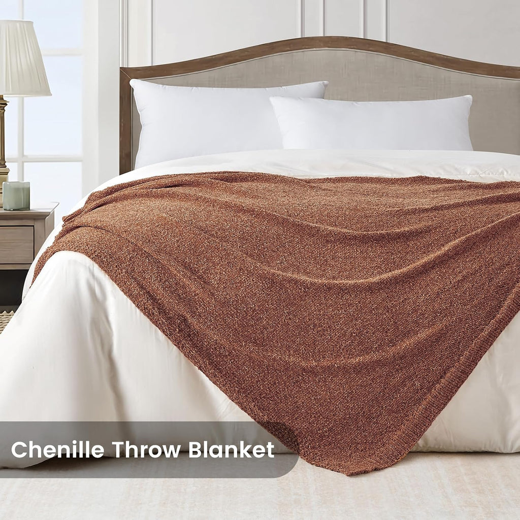 Chenille Throw Blanket, Soft Warm Cozy Blanket for All Season（50" x 60", Coral）
