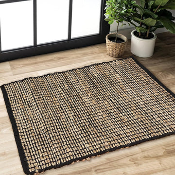 2x3 Jute Cotton Hand Woven Rug | Braided Doormat, Boho, Rustic, Natural Jute/Black | Farmhouse Vintage Area Rugs, and