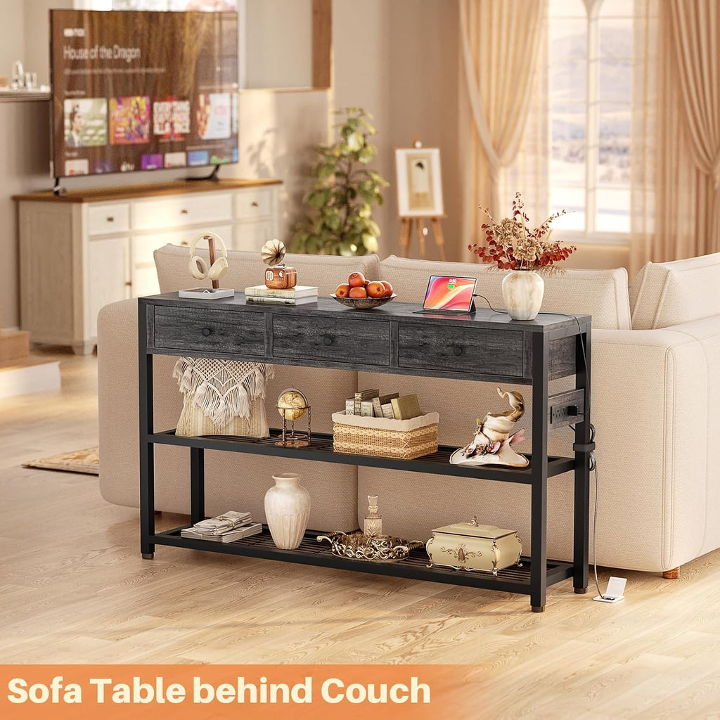 47'' Entryway Table with Outlets and USB Ports, Console Table with 3 Drawers, Sofa Table Narrow Long with Storage