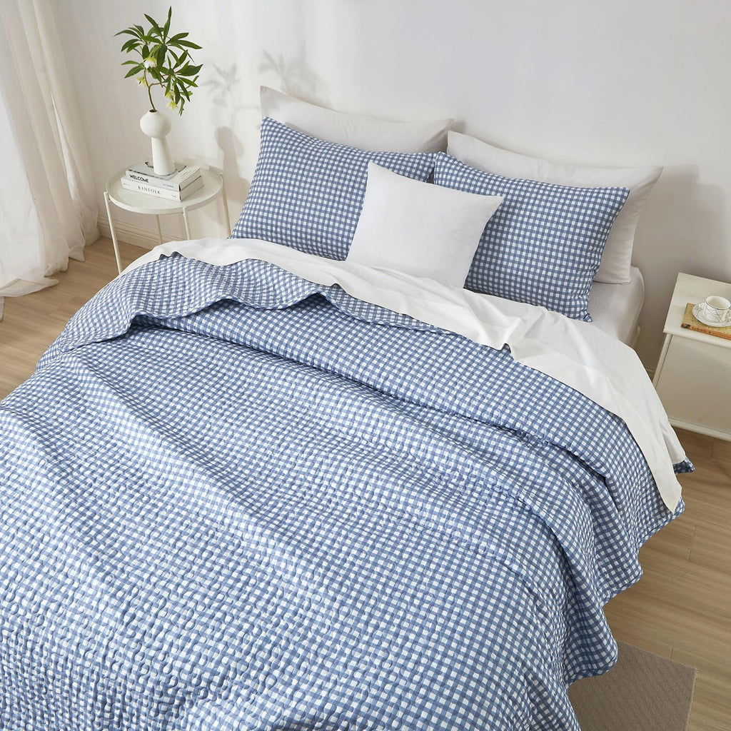Blue Gingham Quilt Bedding Set, Vintage Plaid Grid Bedspread Checkered Pattern Lightweight Comforter for
