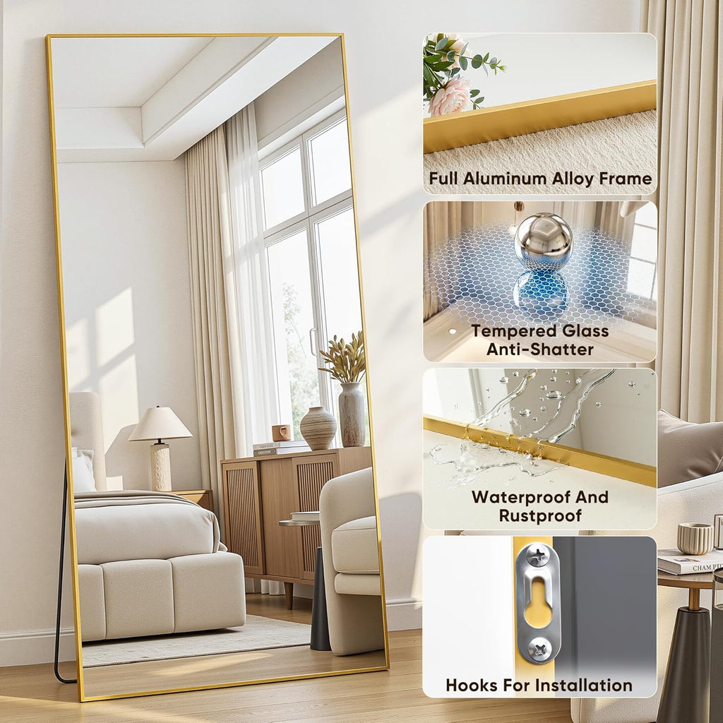 Full Length Mirror, 58"x21" Floor Mirror with Stand, Hanging Mounted Mirrors , Cloakroom, Dining Room, Gold, Rect